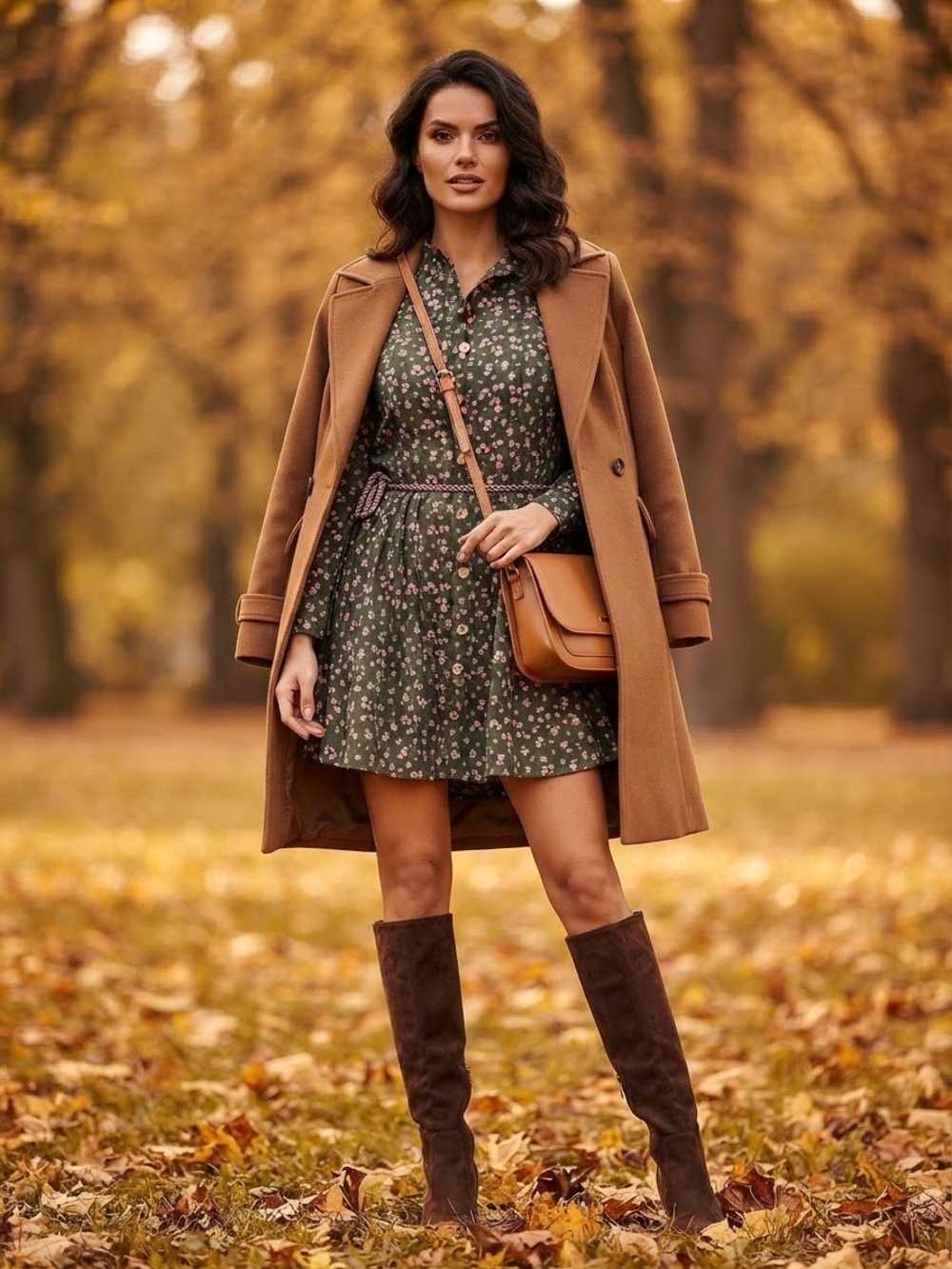 Women's Olive Green Floral Button-Front Shirt Dress